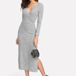 V Neckline Split Slub Night Out Dress